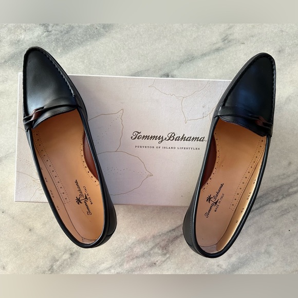 NWT Tommy Bahama Black All Leather Loafers Made in Italy NIB 8 Brown Twist Trim - Picture 2 of 11